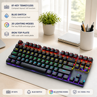 Clavier mécanique filaire USB 87 touches, interrupteurs bleus, 20 modes d'éclairage, plaque supérieure en ABS et fer, OEM ODM pour PC portable, CE ROHS FCC T18