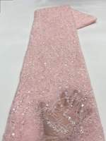 Tissu en dentelle florale de luxe rose à paillettes et perles, broderie de haute qualité, 5 yards