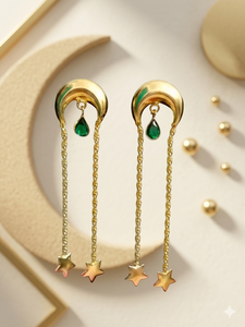 Celestial Crescent <b>Earrings</b> - <b>Gold</b> Moon & Star <b>Dangles</b> - Long Chain Galaxy Jewelry - Product Image 4