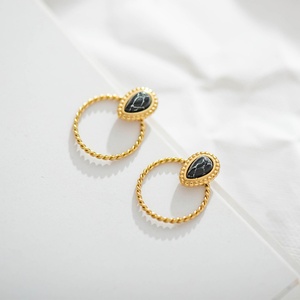 Unique Design Gold Plated Twisted Tear Drop Shape <b>Black</b> Stone <b>Stud</b> <b>Earrings</b> Stainless Steel Natural Stone <b>Earring</b> Jewelry - Product Image 1