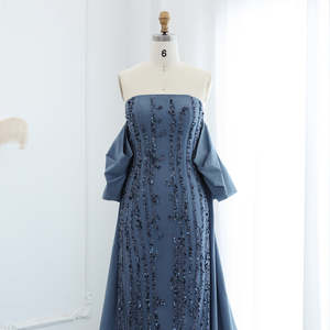 Jancember LSZ454 Robe de soirée arabe sans bretelles bleue de luxe avec cape Dubai Party Gowns - Product Image 4