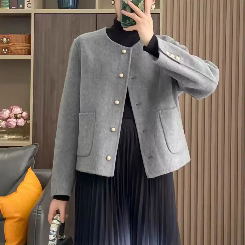 High Quality Single Breasted Wool Coat Double Faced Cropped Tweed Jacket Women