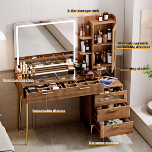 Modern Large Makeup Vanity <strong>Table</strong>, LED Light HD Mirror, Charging Station, <strong>Walnut</strong> <strong>Dressing</strong> Desk with 5 Drawers and Storage Shelves - Product Image 4