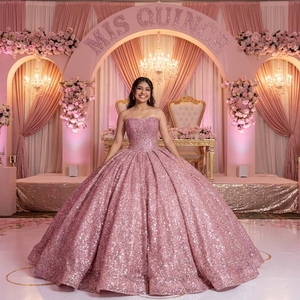 ชุดราตรีงาน Quinceanera สีโรสโกลด์ ประดับเลื่อมลายดอกไม้ ผ้าชีฟอง ตกแต่งลูกปัดที่ไหล่ กระโปรงทรงวงกลมเต็มตัว ระยิบระยับ รุ่น Dy6979 - Product Image 1