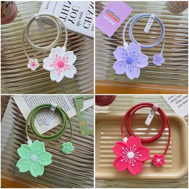 Trendy Cute Sakura Flower Silicone Charger Head Case With Flexible Spiral Cord Organizer Charger Protector