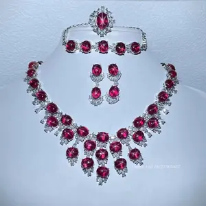 Tiên tiến tùy chỉnh đồ trang sức cao sao Corundum Vòng Cổ Vòng đeo tay bông tai vòng Set cho phụ nữ Đỏ Ruby Vòng cổ trang sức