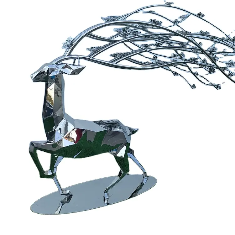 Yüksek kaliteli büyük modern açık hava bahçe dekorasyonu metal el sanatları soyut geometrik hayvan geyik paslanmaz çelik heykel