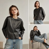 Veste Courte Décontractée en Cuir pour Femme, Nouvelle Collection, en Peau de Mouton, Style Chinois, Col Rond Ivoire, Garniture Jacquard Brocart, Boutons Pression Gaufrés