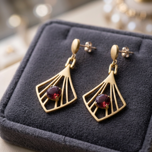 Pendientes Colgantes Geométricos de Plata Chapada en Oro con Granate para Fiesta o Boda - Product Image 2
