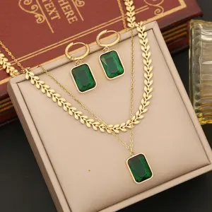 Fashion Jewelry Necklace 2 Layer Necklace Earring Set 18 K Gold Plating Green Diamond Stainless Steel Necklace Earring Sets