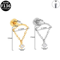 Gaby ASTM-F136 Titane, Piercings à dos plat pour cartilage d'oreille, Chaîne à pampilles, Filetage interne, Zircon, Piercings de lèvre, Labret