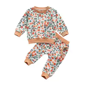 1 ud. sudadera floral de algodón con logotipo personalizado de 2 piezas conjuntos de ropa para niñas