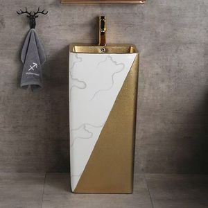 Lavabo a colonna autoportante interamente placcato oro, moderno e minimalista, con lavabo in ceramica integrato monoblocco, a foro singolo, stile rustico per bagno - Product Image 1