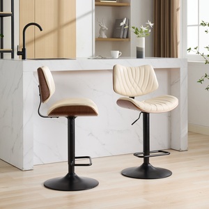 Walnut Bentwood <b>Bar</b> <b>Stools</b> Mid Century Modern <b>Adjustable</b> Counter Height Black Leather Upholstered 360Swivel Home <b>Bar</b> Hotel Set 2 - Product Image 2