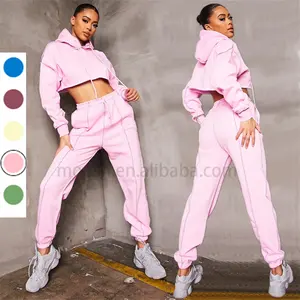 2022 Pink Contrast Stitch Cropped Hooded Loungewear Set Fashion Ladies Joggers Pants Suits Womens 2 pezzi Set