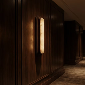 Lámpara de Pared LED de Alabastro Moderna y Lujosa, Aplique de Mármol con Marco de Madera en Niveles para Decoración de Hotel, Villa, Dormitorio, Pasillo y Sala de Estar - Product Image 1