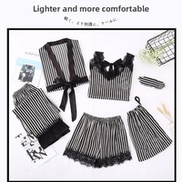 Conjunto de cuatro piezas de lencería Victoria Ice Silk de poliéster para mujer, con encaje a rayas y manga larga, estilo bata.