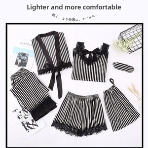 Conjunto de cuatro piezas de lencería <span class=keywords><strong>Victoria</strong></span> Ice Silk de poliéster para mujer, con encaje a rayas y manga larga, estilo bata. - Product Image 4