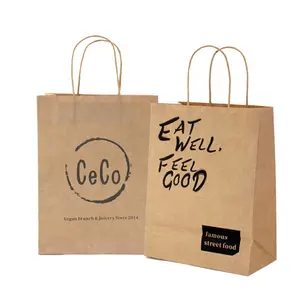 Customized Size Restaurant Food Brown Paper Bag With Logo Free Sample Takeout Kraft Paper Bag For Fast Food Take Away