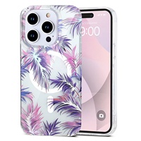 Étui de protection transparent magnétique en TPU+PC de luxe vintage avec des feuilles et des fleurs pour 15 Pro Max, compatible avec la charge sans fil