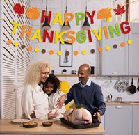 Bannière scintillante Joyeux Thanksgiving, guirlande à points circulaires avec feuilles d'érable, dinde et citrouille pour fête d'automne