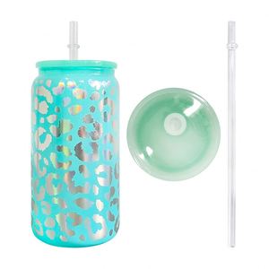 Verre canette léopard holographique 16oz, 5 couleurs assorties, avec couvercle en plastique et paille, pour impression par sublimation - Product Image 5