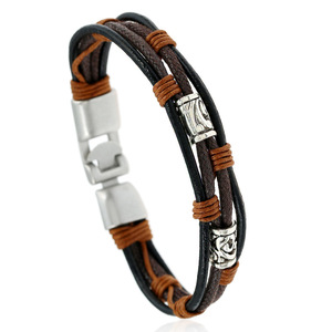 <span class=keywords><strong>Pulsera</strong></span> de cordón tejido para hombre de cuero auténtico vintage con hebilla de aleación estilo envolvente chapado en rodio - Product Image 4