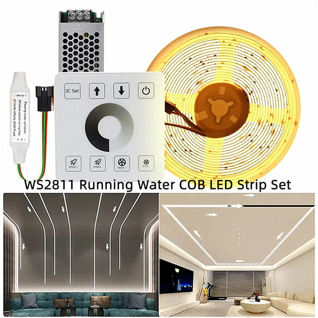 DC24V WS2811 Running Water Flowing COB LED Strip Light Set 10mm 360LEDs/M with RF Touch Remote Control and Power Supply