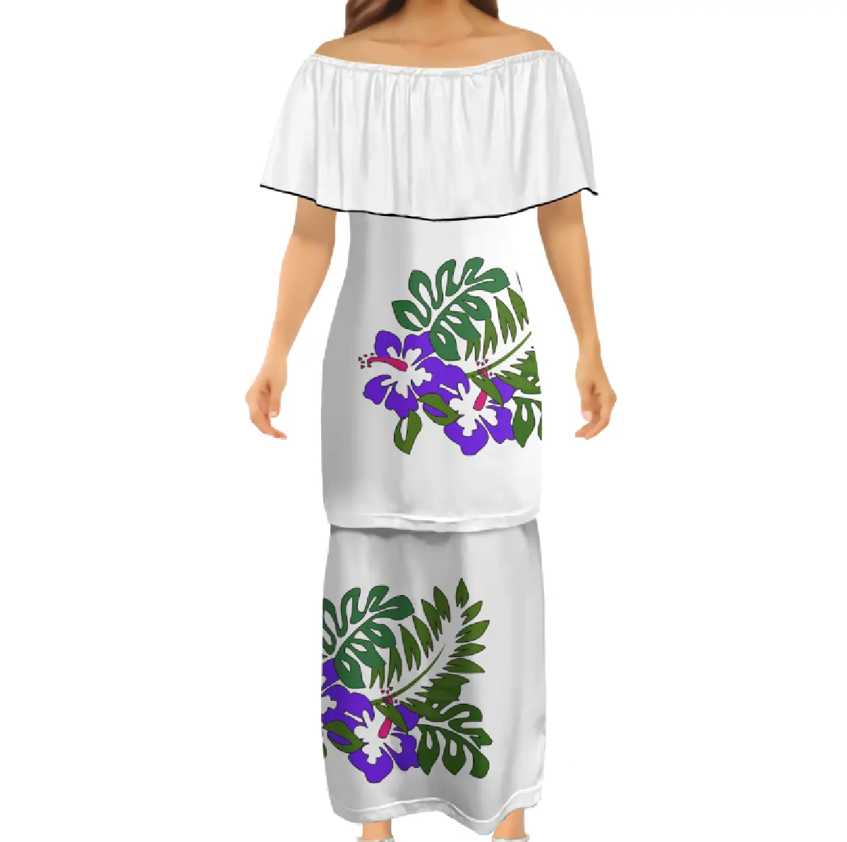 Hawaiian Style White Hibiscus Flower Print Puletasi Ptaha Top Two Piece Maxi Skirt Sets Custom Ruffle Half Shoulder Casual Dress