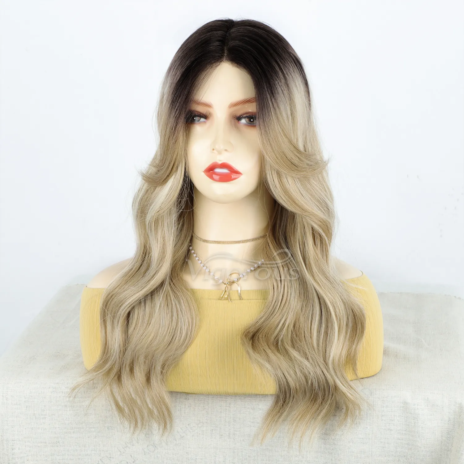 Long Wavy Ombre Blonde T Lace Wigs for Women Middle Part Curly Cosplay Costume Halloween High Temperature Synthetic Hair Wig