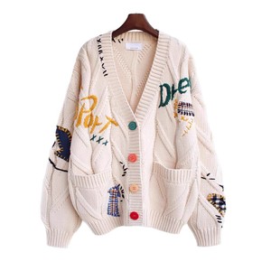 Women's Embroidered Knitted <b>Cardigan</b> Loose Fit Full Sleeve Vintage Style Single Breasted Medium <b>Thickness</b> Anti-Pilling - Product Image 5
