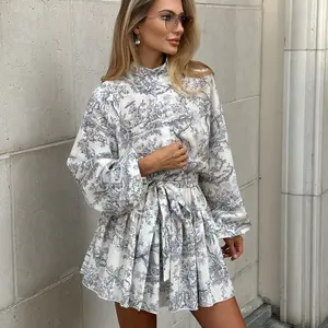 Enyami Spring Fall Romantic Elegant Puff Long Sleeves Floral Printed Pearl Shape Buttons Lace-up Waist A-line Dress Casual Women