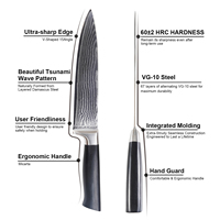 Couteau de Chef Japonais Gyuto en Acier Damas VG10 de 8 Pouces, Fabrication OEM, Couteau de Cuisine Professionnel avec Manche en Bois Pakka Noir et Lame à Queue Cachée