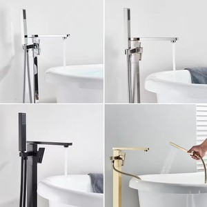 Robinet <span class=keywords><strong>de</strong></span> <span class=keywords><strong>baignoire</strong></span> autoportant <span class=keywords><strong>de</strong></span> luxe OEM noir en laiton massif poli à deux fonctions avec fonction pause extérieure - Product Image 2