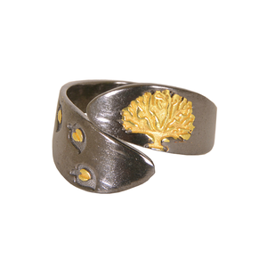 Bague arbre de vie en argent sterling 925 plaqué or 18 carats et rhodium noir Artisan bijoux unis spirituels pour les mariages - Product Image 1