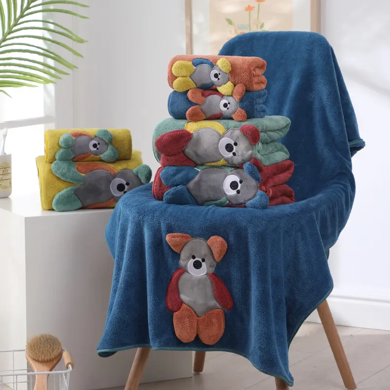 Juego de toallas suaves para baño de bebé, conjunto de toalla de terciopelo Coral con estampado de animales de dibujos animados, cómoda