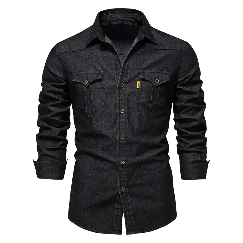 Trendy new denim non-iron shirt men's casual solid color non-iron men's York denim long-sleeved shirt