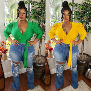 Moda mujer de talla grande sólido con cuello en V camisa con cinta solamente Top - Product Image 2