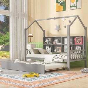 <span class=keywords><strong>Lit</strong></span> d'enfant Montessori en forme de maison, <span class=keywords><strong>lit</strong></span> au sol avec <span class=keywords><strong>lit</strong></span> gigogne et étagère de rangement, taille double/simple - Design maisonnette - Product Image 4