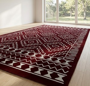 Modern Geometric Area <b>Rug</b> Rectangle Red White Pattern Living Room Tufted Wool Acrylic Medium Pile Non Slip Latex Backing - Product Image 1
