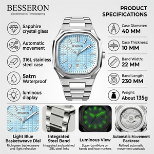 Reloj Mecánico Automático para Hombre BESSERON, Esfera Azul Hielo, Caja de Acero Inoxidable Poligonal de 42 mm, Resistente al Agua 5 ATM, Lujoso y Moderno - Product Image 2