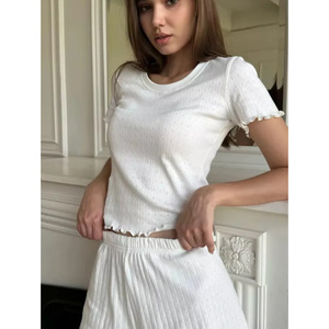 Ladies Soft Elastic Waist <strong>Summer</strong> Short Sleeved Round Neck Two Piece Women's Pajamas Set Homewear Sleepwear Customizable <strong>Pjs</strong> - Product Image 3