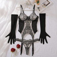 Korset Lingerie Ultra Seksi Dengan Sarung Tangan Panjang Renda Romantis Pakaian Seksi Panas Pakaian Dalam Wanita