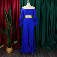 C8611 Dernière Collection : Combinaison Africaine Femme Tendance, Épaules Dénudées, Manches Volants, Couleur Unie, Plissée, Jambes Larges pour Dames