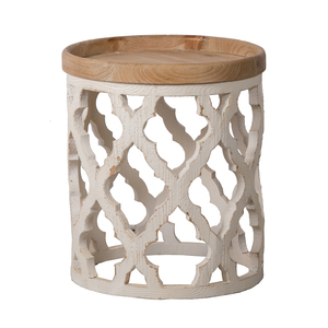 23 In Large Distressed White Side <b>Table</b> With Wooden Top And Lattice Design - Product Image 2