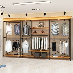 Présentoir de vêtements Vintage en bois massif centre commercial métallique haut de gamme étagères pour hommes vitrine conception suspendue au sol - Product Image 1