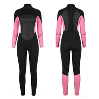 Wetsuit Wanita OEM Grosir 3mm Neoprene Bermotif, Full Zip untuk Surfing & Diving, Dilengkapi Pelindung Lutut, Logo Depan, Desain Color Block