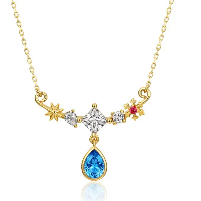Necklace For Women 100% Natural Gemstone Blue Spinel Water Drop 925 Sterling Silver Yellow Gold Gift Fine Jewelry