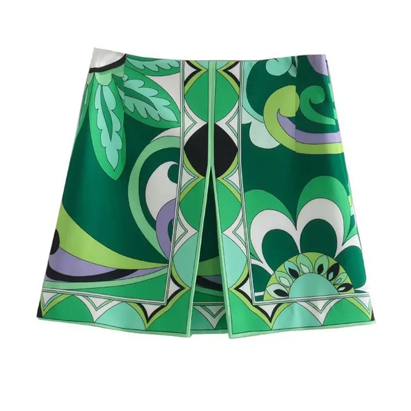 QZ146 New 2022 Women Sexy Green Color Print Front Split Mini Skirt Saias 3