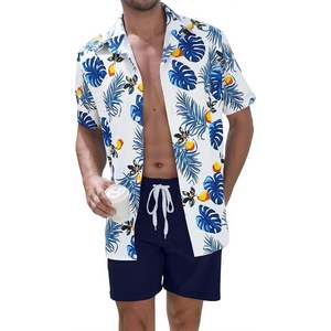 Ensemble de plage pour homme personnalisé, 2 pièces, chemise et short à imprimé hawaïen, bleu Monstera XL, polyester tissé respirant - Product Image 1